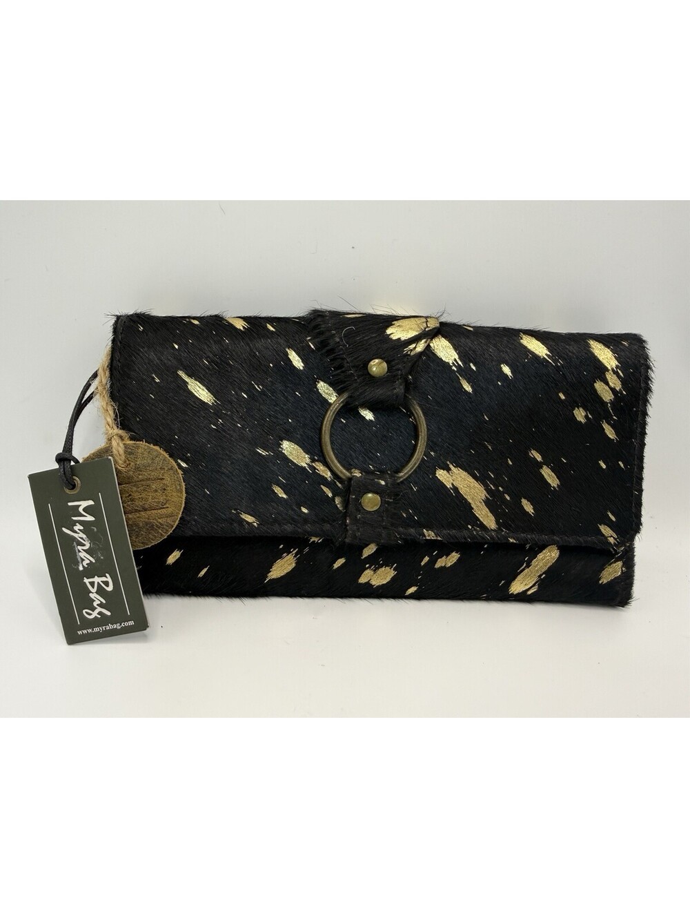 Myra Bag "Meteor Shower" Black Gold Hair-on-Hide Leather Wallet RFID NWT